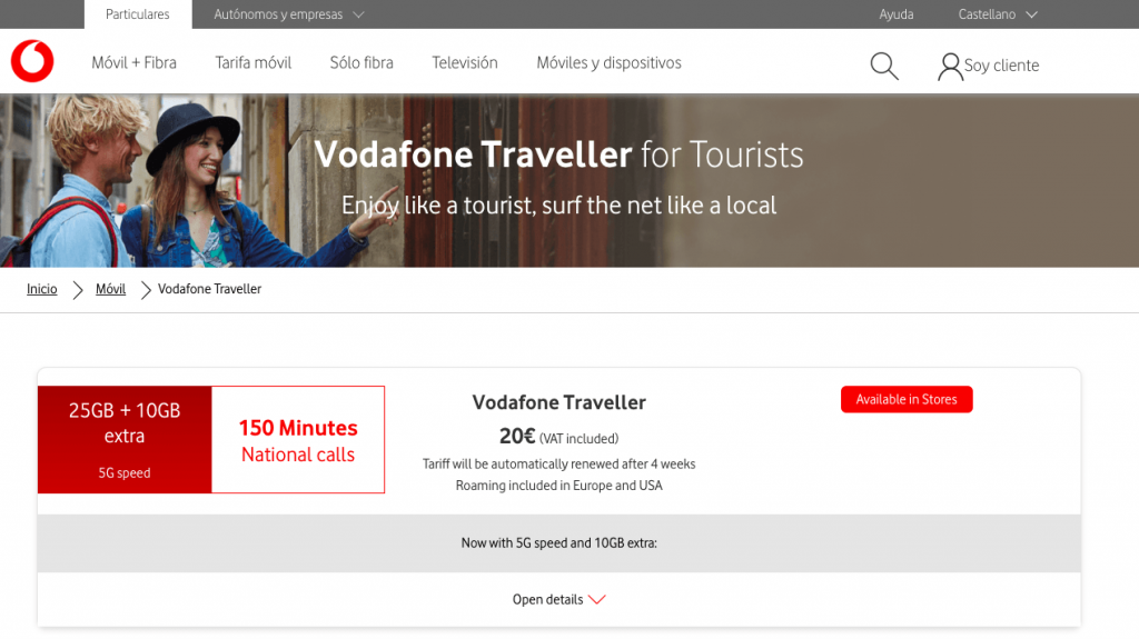 La tarifa de VODAFONE para turistas con 25GB y red 5G por 20€