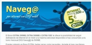 Digi Mobil permite contratar bonos extra en un simple prepago usando Movistar adicionales a su bono de 5€/mes por 500MB desde 2€/200MB, 5€ 500MB, 10€ 1GB.