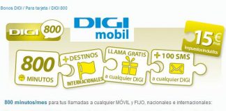 DIGIMOBIL mejora sus tarifas y saca un nuevo bono con 800 minutos y 2000 minutos entre DIGI por 15€ iva incluido en prepago.