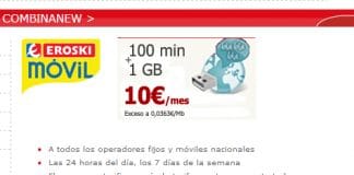 Eroski saca el bono con IVA más barato de contrato con 100 minutos y 1GB por 10€ iva incluido al mes.