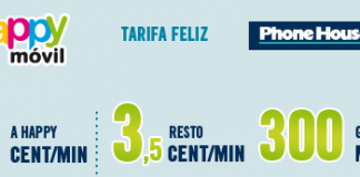 Happymovil mejora su tarifa Feliz de 4ct/min a 3,5ct/min con 300MB gratis con cons. mínimo 4,99€/mes.