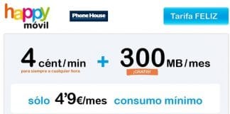Happymovil regala 300MB de Internet en su tarifa Feliz: 4c/min con consumo mínimo 4,9€/mes.