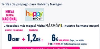 HAPPY MOVIL mejora sus tarifas prepago 6€ 1,2GB y 120 min +1GB por 10,5€