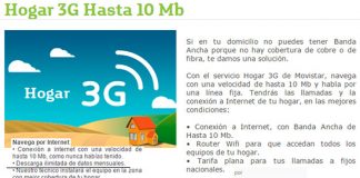 Hogar 3G sin limite de datos en Movistar con máximo 10MB de conexión.