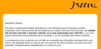 Jazztel se disculpa por una caída de su servicio por varias horas.
