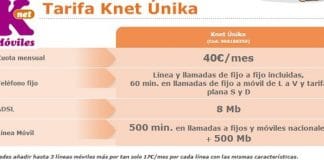Knet mejora su tarifa Unica Convergente con 40€/mes con 500 min 500MB y 8MB de Internet.
