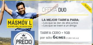 MASMOVIL ofrece 1GB a 6€/mes en su tarifa CERO si traemos un cliente o si nos venimos 2 juntos: DUO. ¡Interesante!