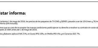 MOVISTAR subirá los precios de sus canales SERIES y CINE de 1€ a 2€ al mes.