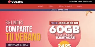 OCEANS anuncia hasta 60GB hasta final de Agosto. OCEANS 60GB verano 2019