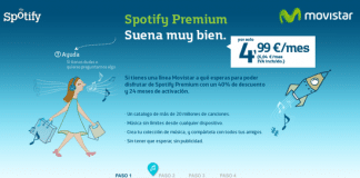 Movistar se alia con Spotify para ofrecer a sus clientes de Internet con datos Spotify por 4,99euros+IVA frente a los 9,99 euros habituales.