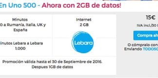 LEBARA lanza una nueva tarifa con 2GB y 500 minutos por 15€ hasta Octubre.