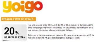 La tarifa de 8ct/min de Yoigo sale más rentable contratarla en prepago. Regalan 20% de saldo recarga entre 13 y 16 de Mayo.