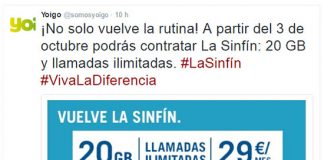 La SINFIN de 20GB de YOIGO estará disponible en Octubre.