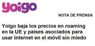 Yoigo baja sus tarifas de datos en Roaming permitiendo 20MB por 3€+IVA.